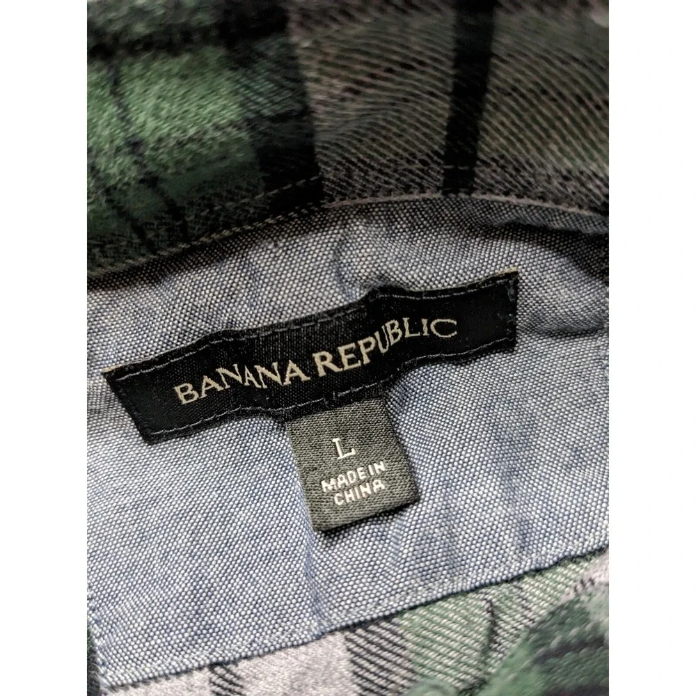 BANANA REPUBLIC Men Large Green Gray Plaid Cotton FLANNEL‎ Shirt